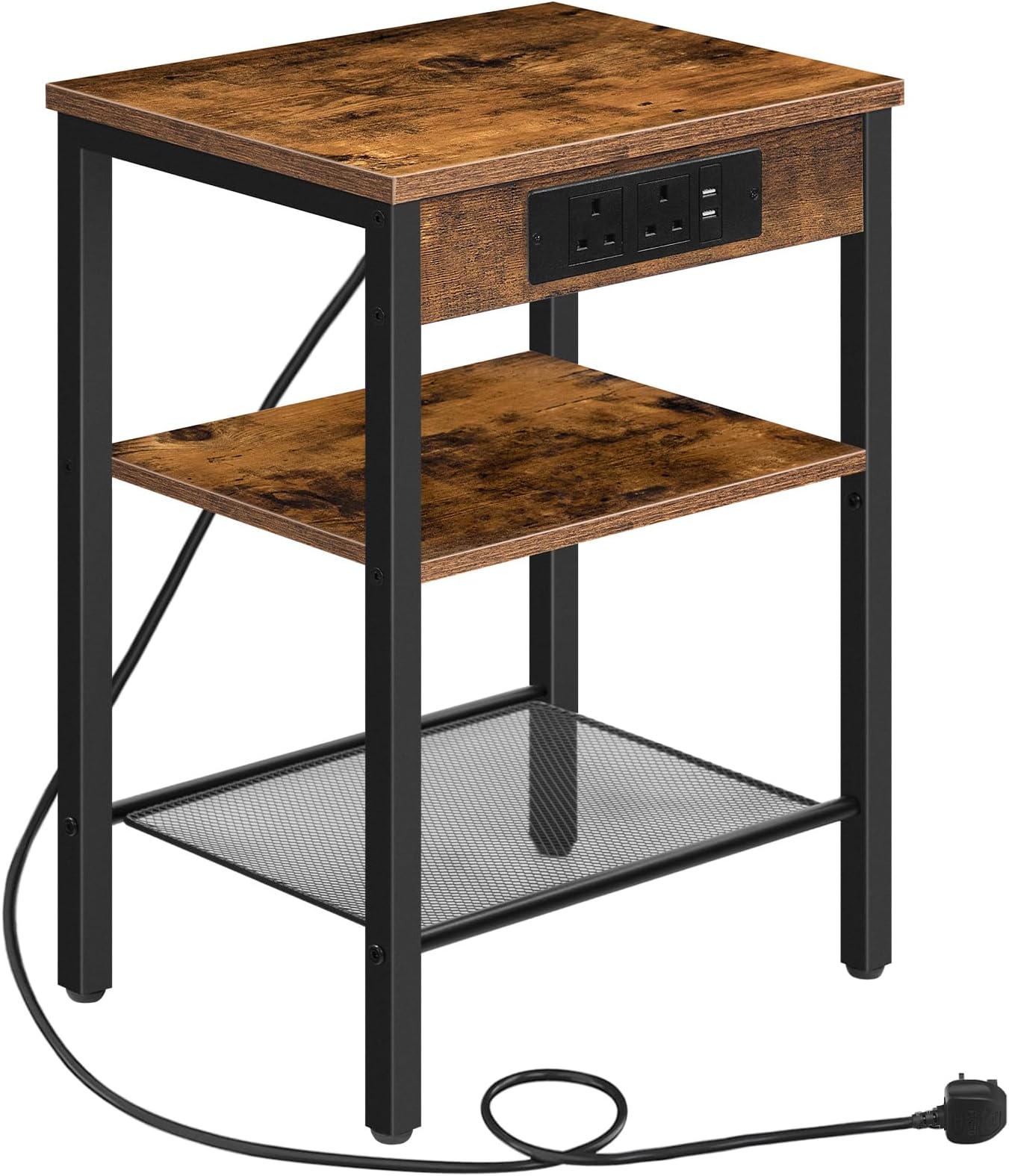 HOOBRO Side Table with Charging Station, Narrow Bedside Table with 2 Sockets and 2 USB Ports, 3-Tier Nightstand with Adjustable Shelf, Slim Sofa Tables End Tables, Rustic Brown and Black EBF112KBZ01