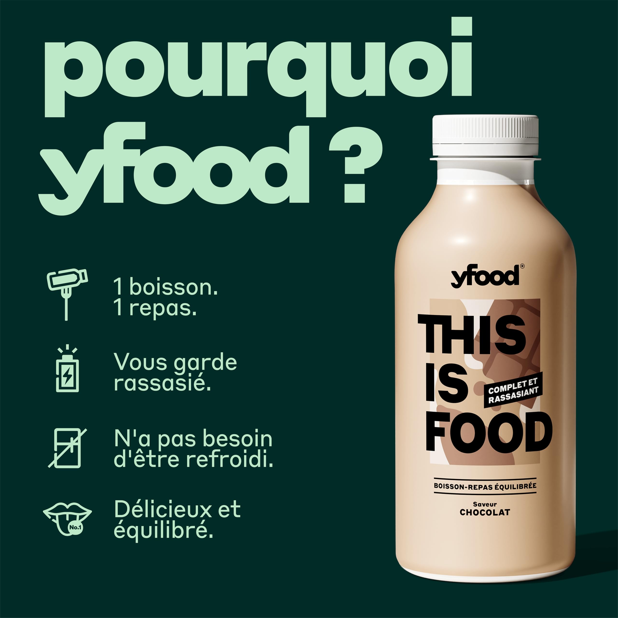 yfood repas prêt à boire, THIS IS FOOD, substitut de repas, 30 g de protéines, 26 vitamines et minéraux (12 x 500 ml) (Classic Choco)
