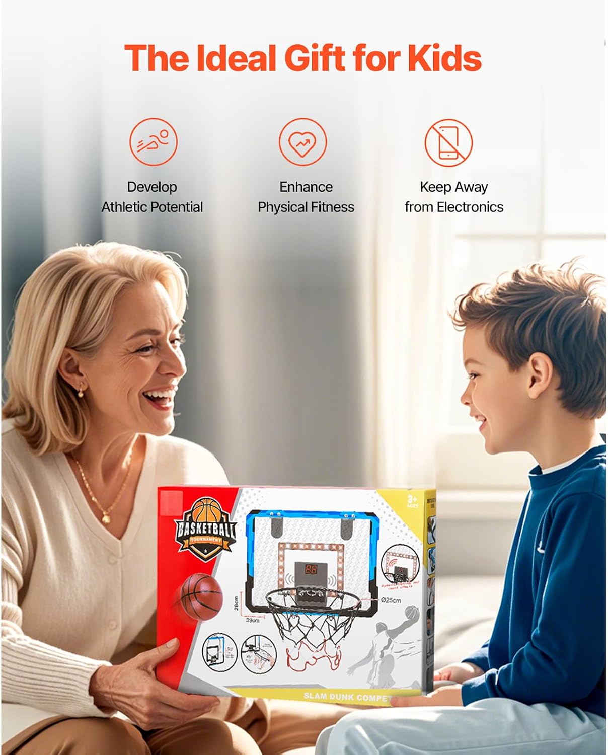 Happybuy Kids Basketball Hoop, Mini Basketball Goal with Electronic Scoreboard, Over The Door Basketball Hoop with Scoring & Music Accompaniment Functions, LED Light