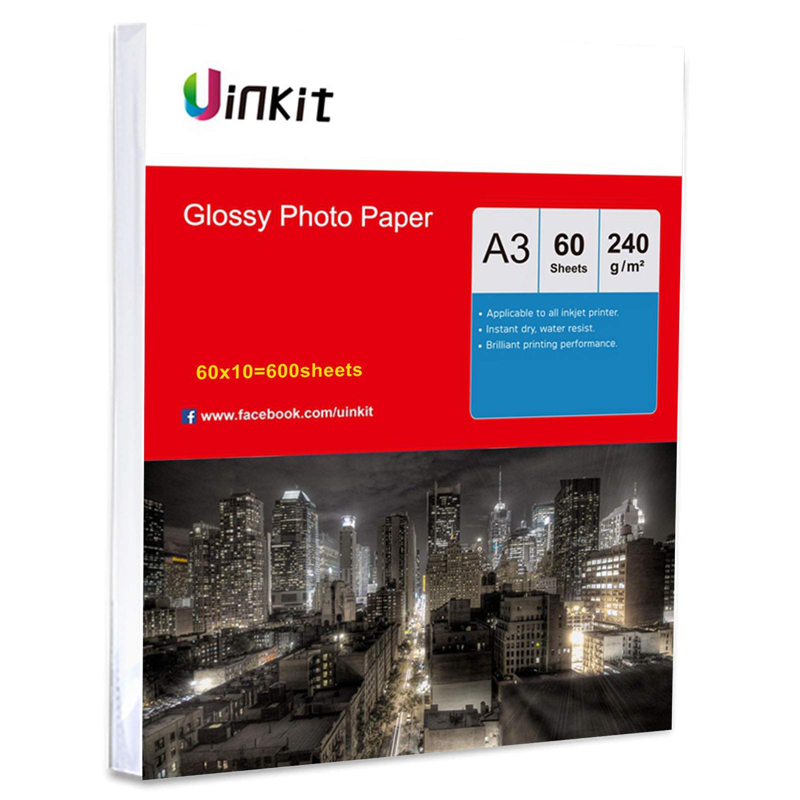 Papel fotográfico A3 de 240 g/m² de alto brillo, papel de inyección de tinta, color blanco para impresión por inyección de tinta, grosor medio, Uinkit, 420 x 297 mm A3 240Gsm x 600sheets