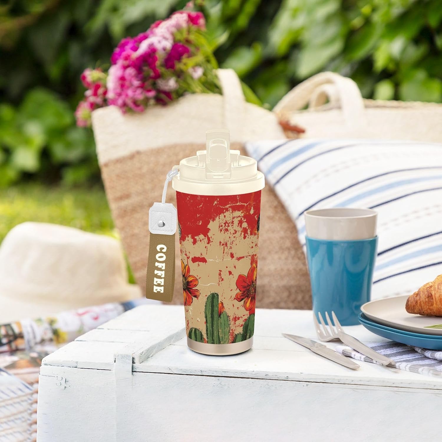 Insulated Coffee Mug Mexican Skeleton with Straw & Flip Lid, 16.9oz Iced Tumbler Cup, Double Wall Vacuum Mug for Travel Office Camping