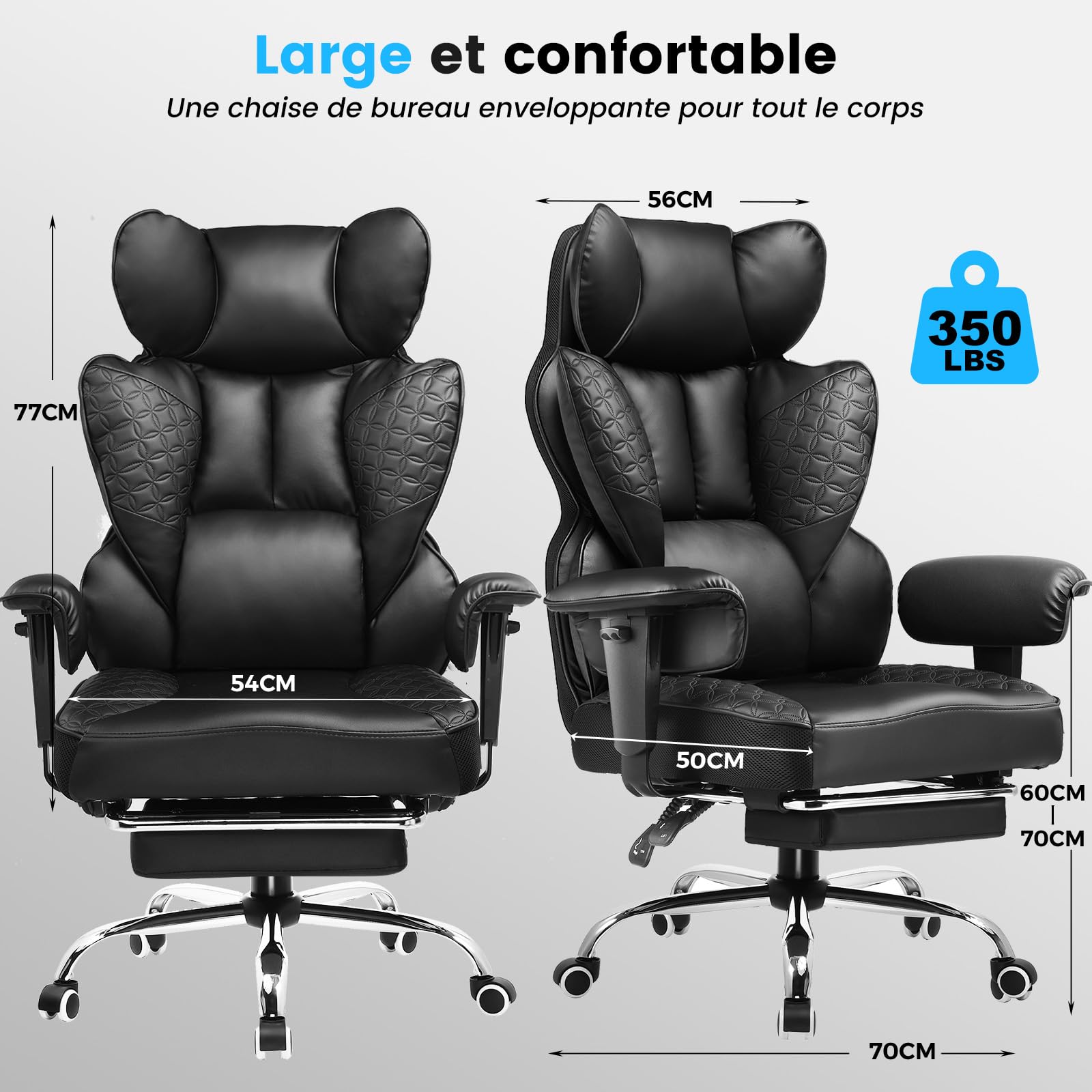 COMHOMA Chaise de gaming ergonomique, chaise de bureau avec accoudoirs réglables, soutien lombaire à ressorts pour grandes et hautes personnes, 150 kg, large assise, noir