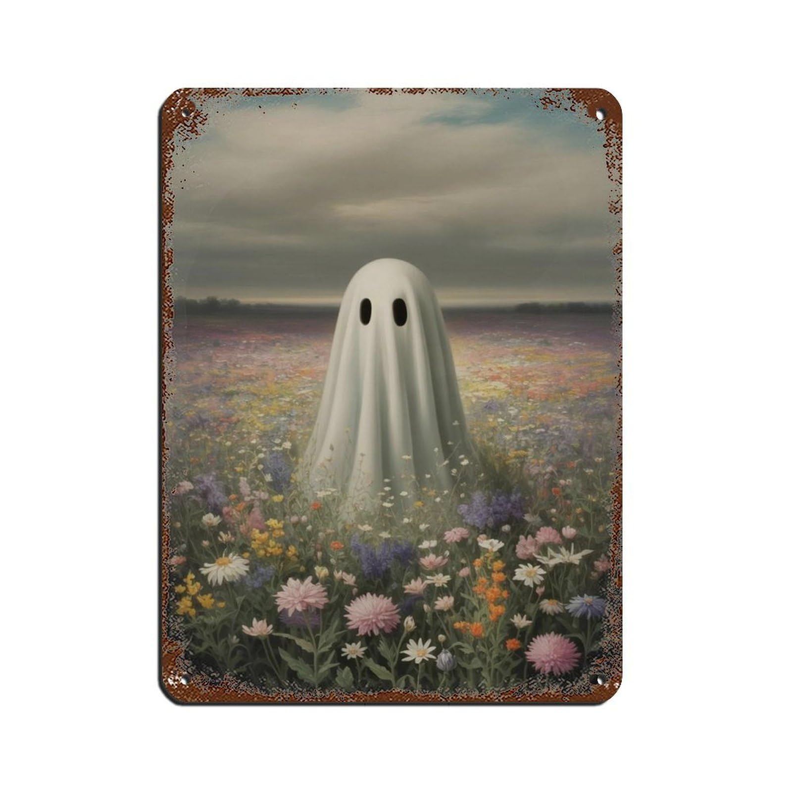 Ghost in The Wildflower,Cute Ghost Poster Tin Sign Vintage Metal Pub Club Cafe Bar Home Wall Art Decoration Poster Retro 12x16inch(30x40cm)
