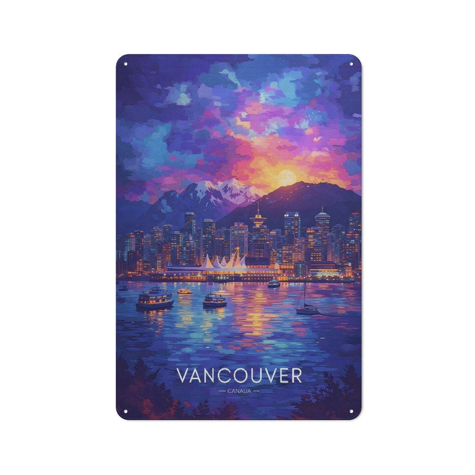 Junmoney Style-19 Vancouver Cityscape At Sunset Vintage Tin Sign 30X20cm For Café Or Restaurant, For Café Owners And Decorators, For Retro Home Interiors