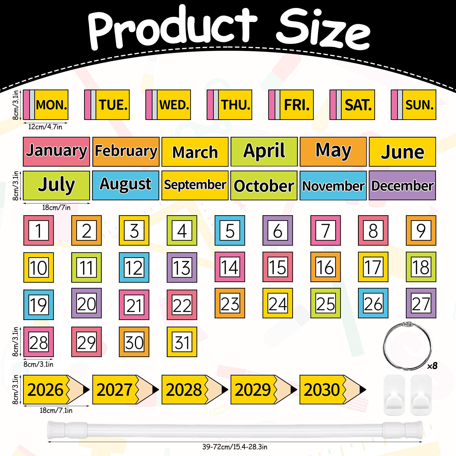 AnyDesign Bleistift-Klappkalender, buntes Pinnwand-Kalender-Set mit 55 Jahres-, Monats-, Wochendatumskarten und verstellbarem Stab, für Schulanfang, Klassenzimmer, Lehrerbedarf