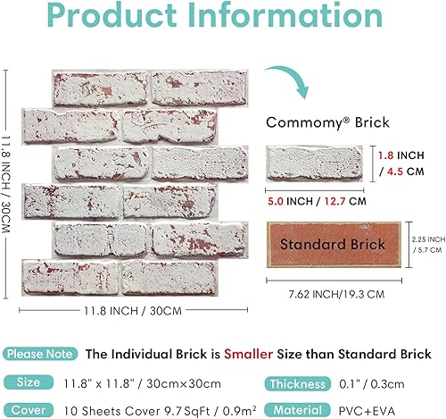 Miniatura 5 de Commomy 10 paneles de pared de ladrillo sintético 3D de 11.8 x 11.8 pulgadas, tamaño pequeño de PVC fino para despegar y pegar, azulejos de ladrillo