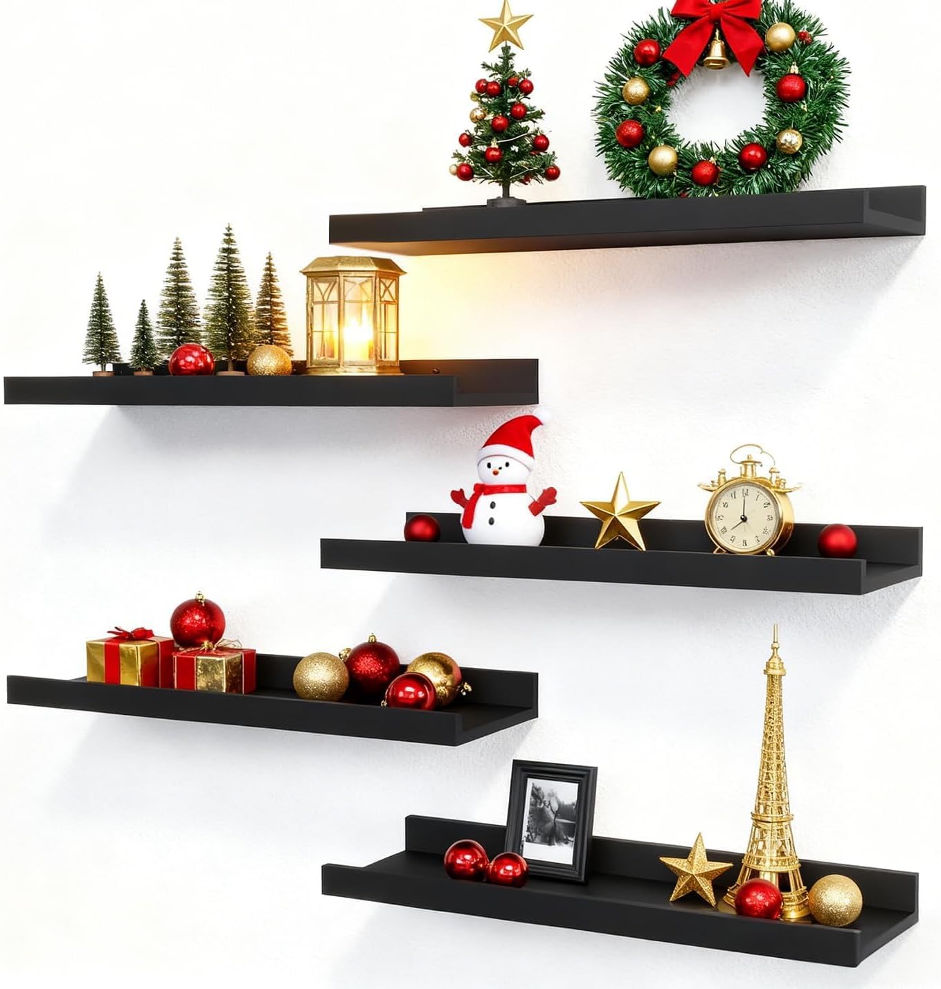 5ps 15.7 Inch Long Floating Bookshelf for Kids Room Black Wall Mounted Shelves with Lip for Storage, Display Picture Ledge Shelf for Bedroom Bathroom Kitchen Living Room Wall Decor White