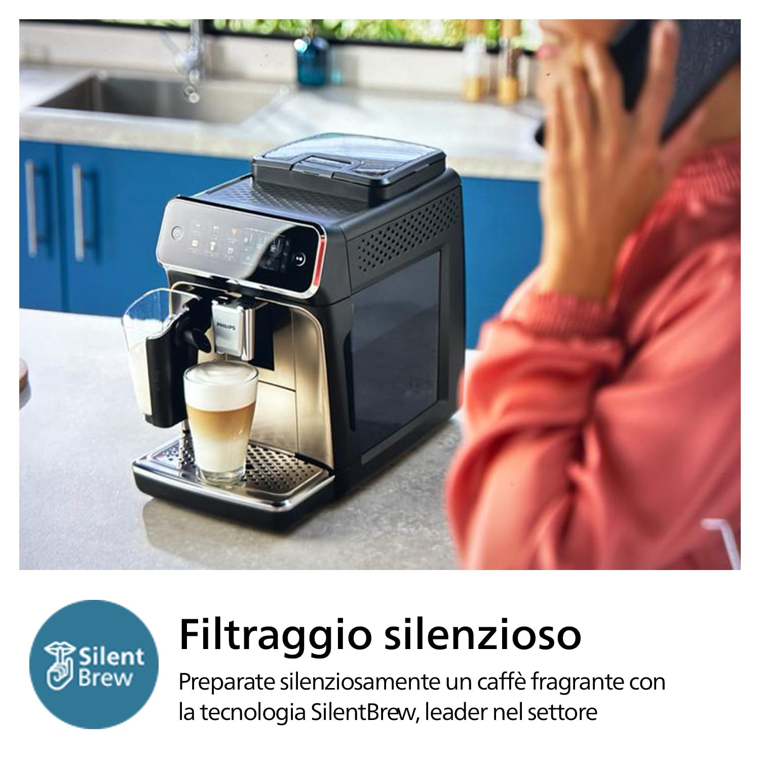 Philips Serie 3300 Macchina da caffè automatica - 6 tipi di bevande, Display touch screen a colori, LatteGo, SilentBrew, Macinacaffè in ceramica al 100%, Filtro AquaClean. Cromato nero (EP3347/90)