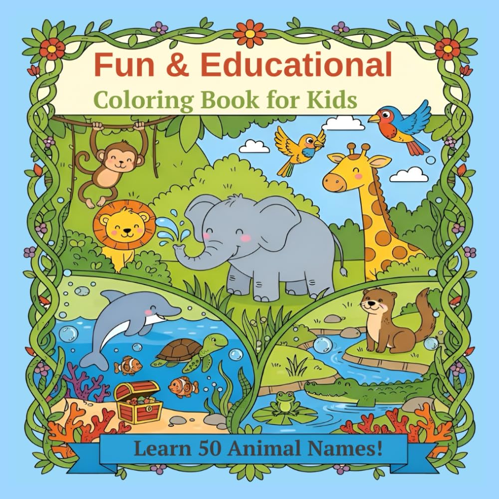 Fun & Educational Coloring Book for Kids Learn 50 Animal Names!: A fun coloring book for kids that helps them learn the names of 50 different animals.