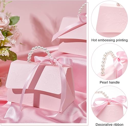 Miniatura 5 de BENECREAT Juego de 16 cajas de recuerdos de boda, caja de papel kraft rosa con mango de perla, cintas, calcomanías, cajas de regalo para cumpleaños,