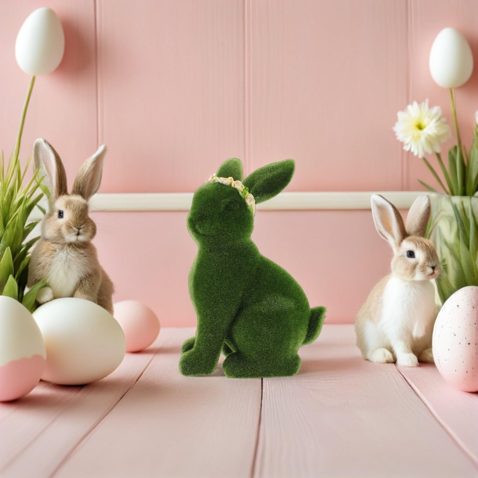 Statua da Giardino Coniglio Floccato Accovacciato per Esterni, Decorazione Pasquale Primaverile Coniglio Morbido, Centrotavola e Oggetto di Scena per Festa di Pasqua