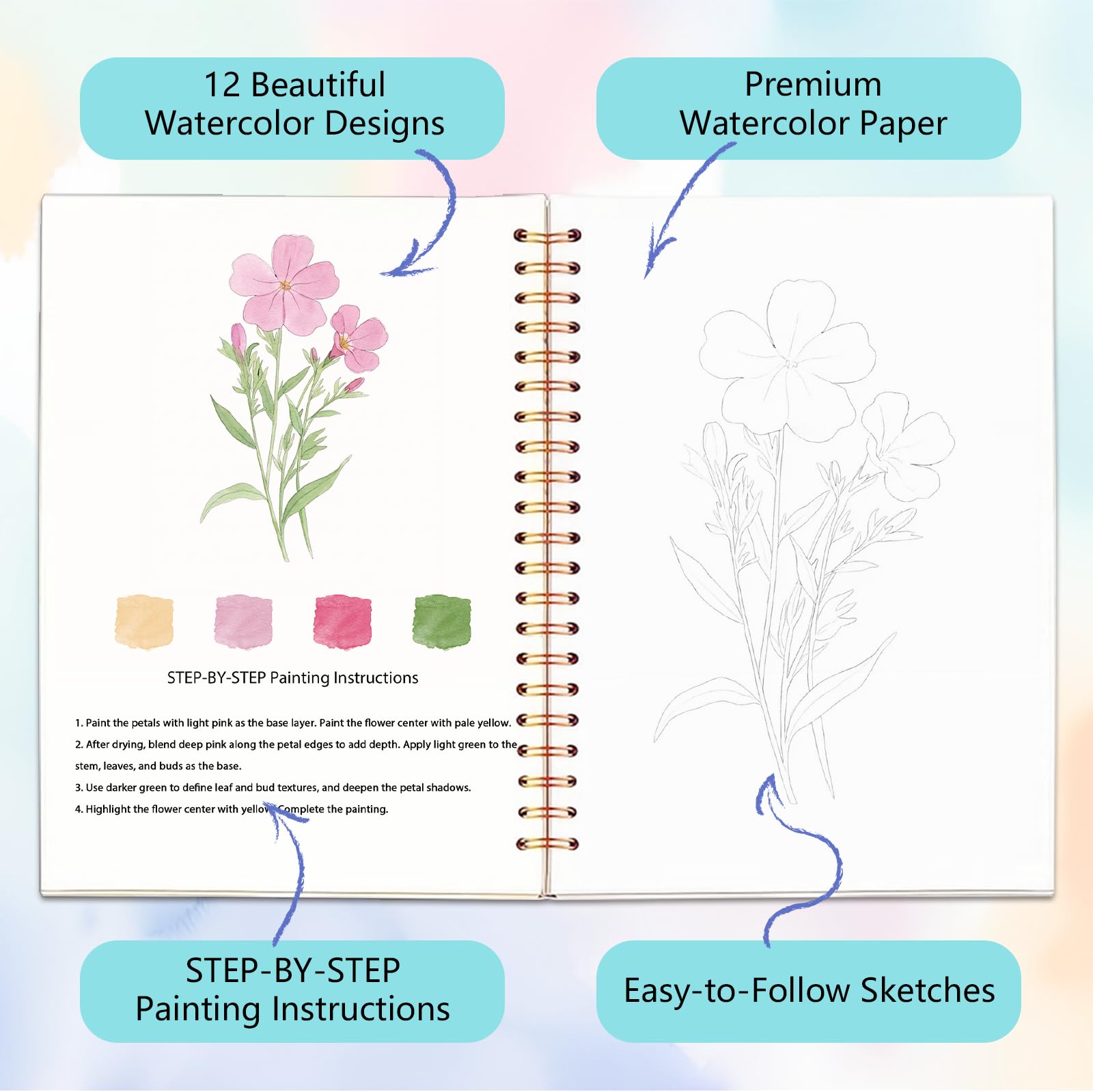 Easy Watercolor Workbook for Beginners - Flower Painting -3