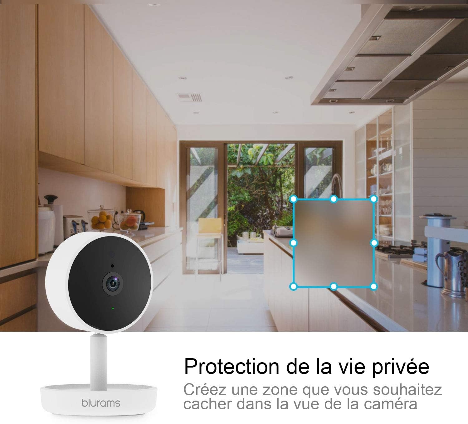 Blurams A10C Home Pro Camera in a kitchen with a privacy zone highlighted