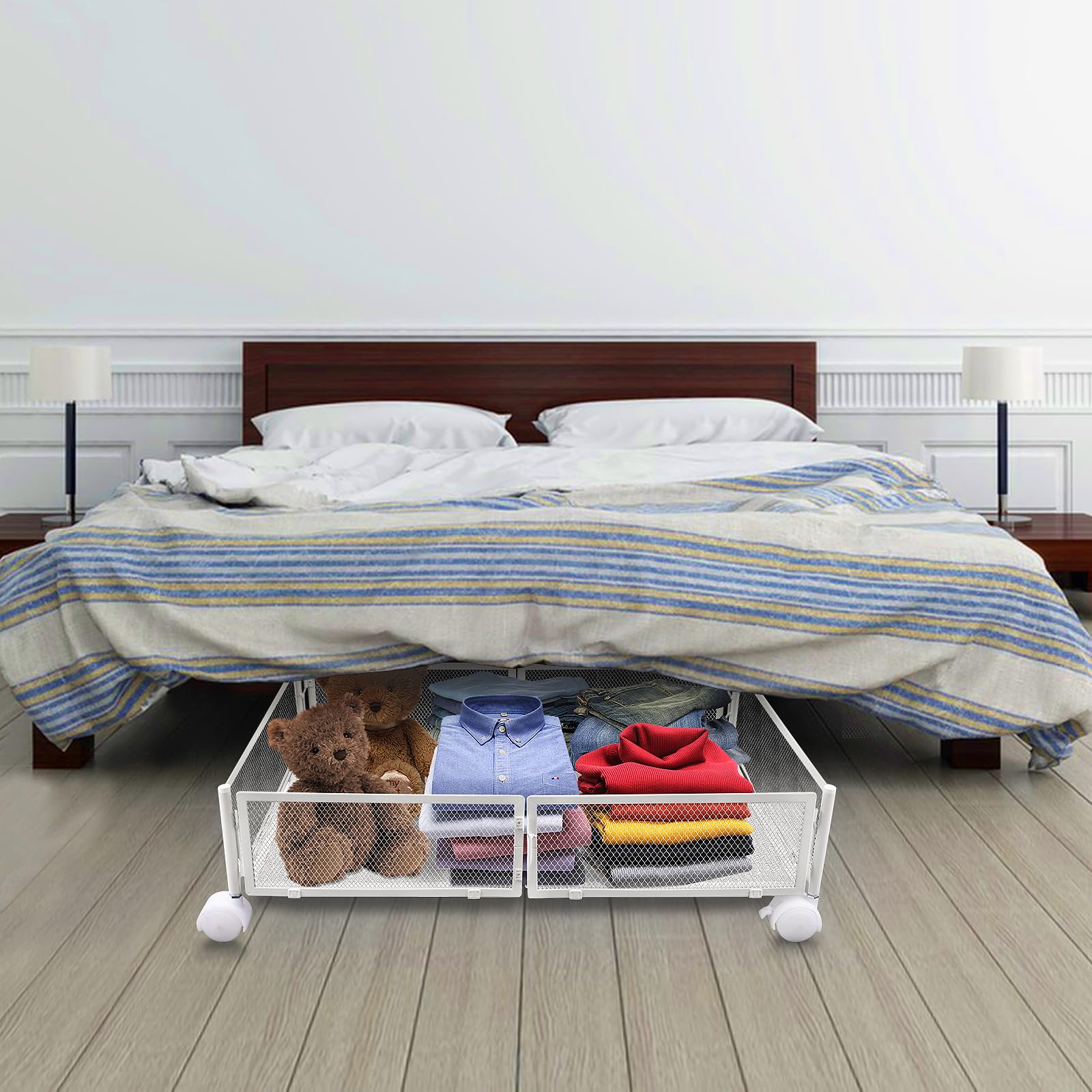 HUOLE Cassetto sotto-letto-pieghevole in metallo, vassoio portaoggetti sotto il letto, rotella, montaggio senza attrezzi, per camera da letto, soggiorno (60 * 40 * 17 cm-bianco-2 pezzi)