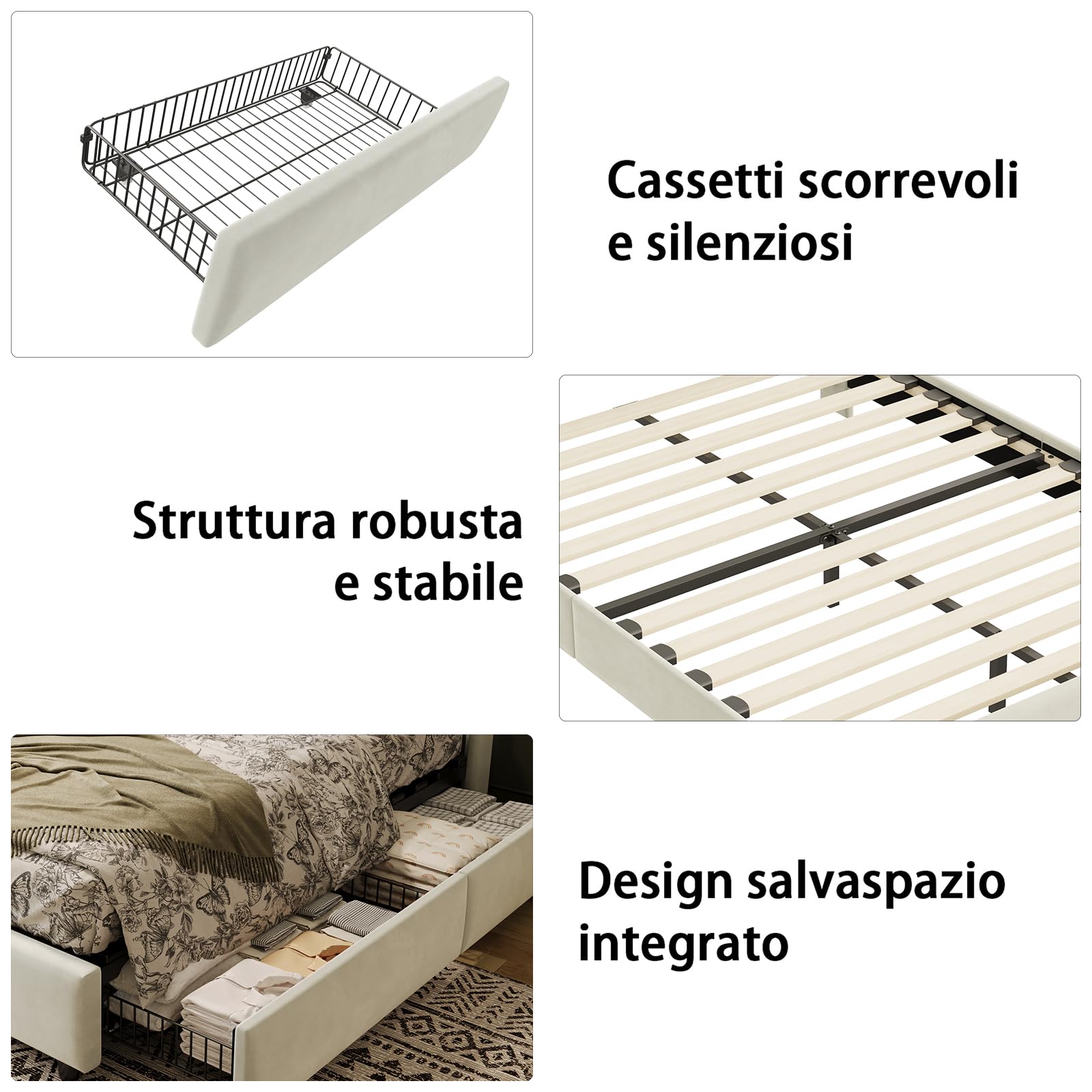 Cama de Matrimonio 160x200 cm con 4 Cajones, Cama Queen Size Tapizada con Luces LED, Puerto Type-C y Cabecero Moderno, Estructura de Cama con Somier, Beige (Sin Colchón)