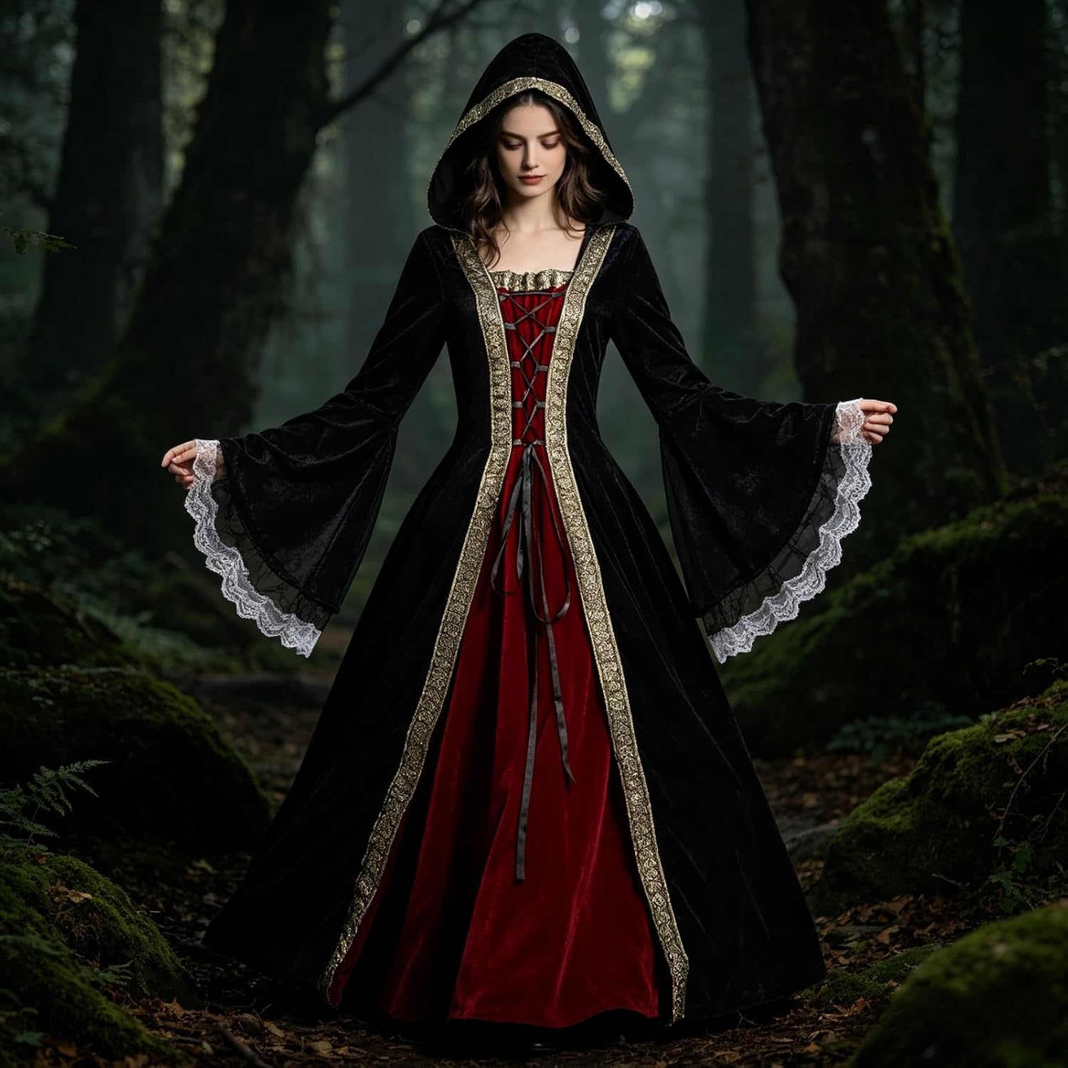 yolsun Women Medieval Dress, Renaissance Costume Women Halloween Victorian Velvet Flare Sleeves Witch Outfit