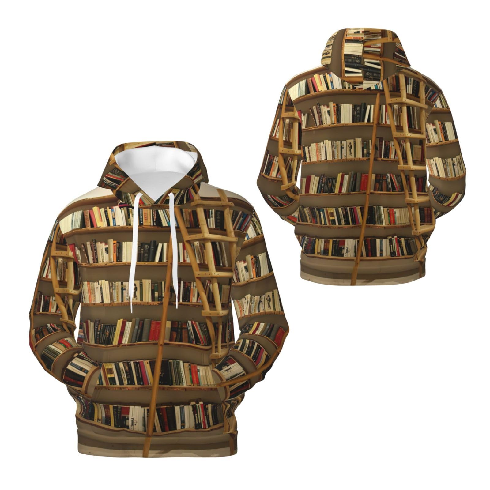 Męska zabawna kolekcja półek na książki i nadruk drabiny bluza z kapturem, swobodny nadruk graficzny sweter z kapturem koszule z kieszenią biały, biały, XL