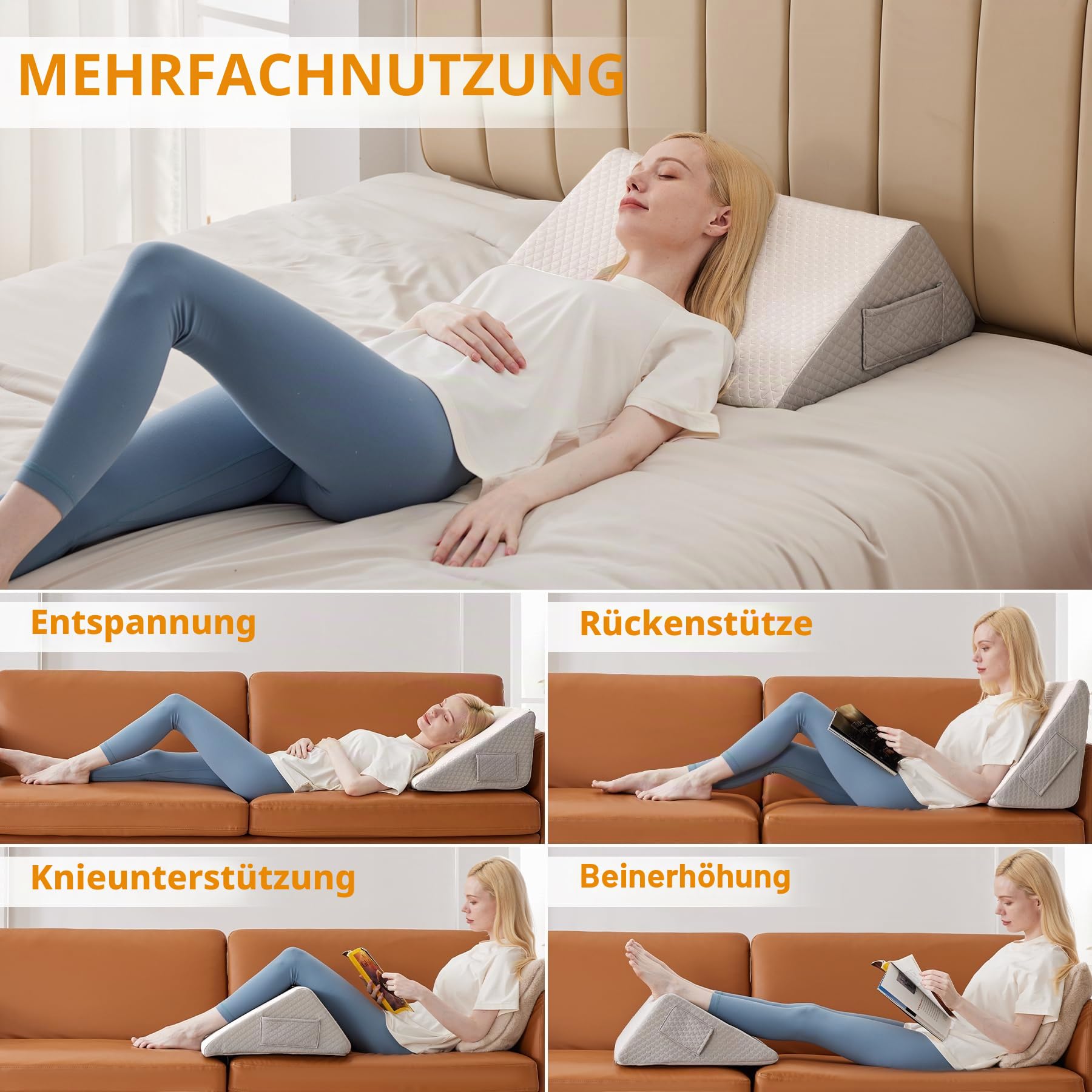 Ruqmuis Kniekissen für Rückenschlafen, 20,3 cm Knie-Keilkissen zur Erhöhung des Knies, Beinkissen zur Linderung von Rückenschmerzen, Dreieckskissen, Beinerhöhungskissen für nach Operationen
