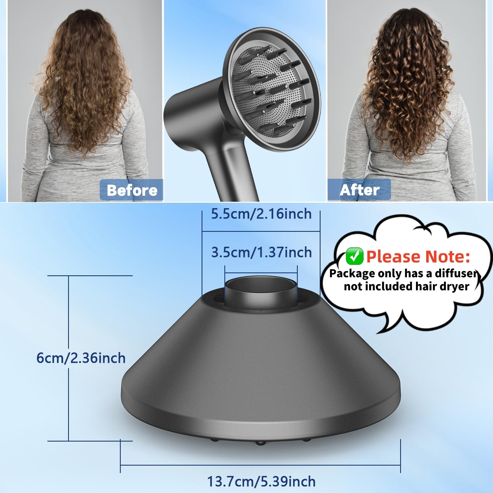 Difusor de secador de pelo para cabello rizado y cabello ondulado natural, accesorio difusor para secador de pelo, difusor magnético de 360° para secador de pelo  (gris) 5
