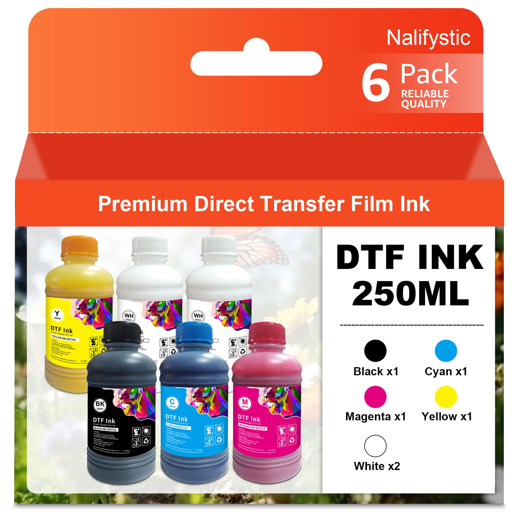 250ml DTF-Tinte für Textildruck PET-Folien Thermotransfer für DTF-Drucker ET-8550 8500 2800 ET-2803 DX5/7 L1800/800 mit Druckkopf DX5 DX7 5113 XP600 I3200 4720 TX800 6-Pack