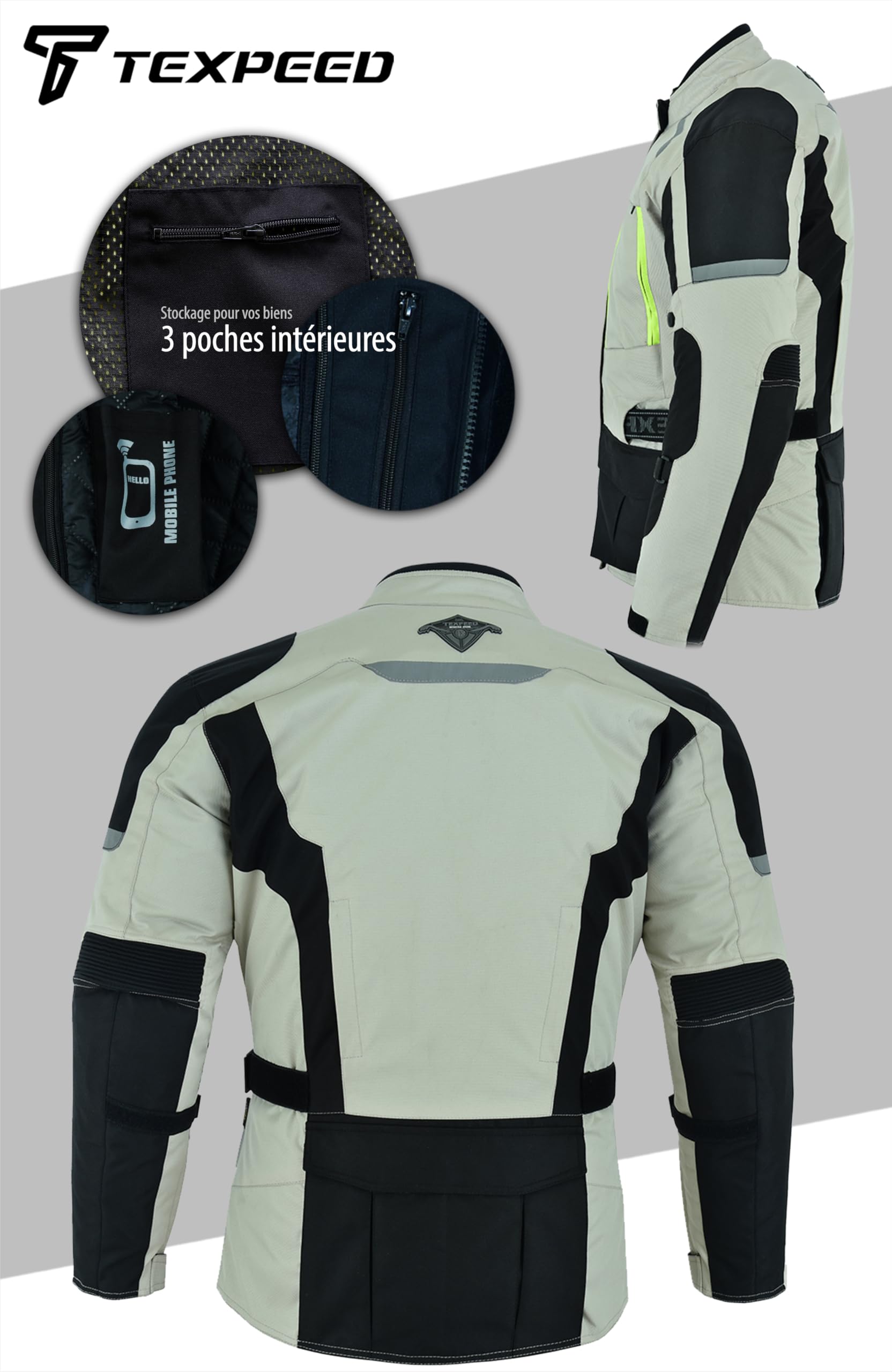 Texpeed Veste moto homme homologué avec armure protection - Hiver/été blouson motard imperméable étanche avec blindé CE (EN 1621-1) Blanc cassé/Gris - XL