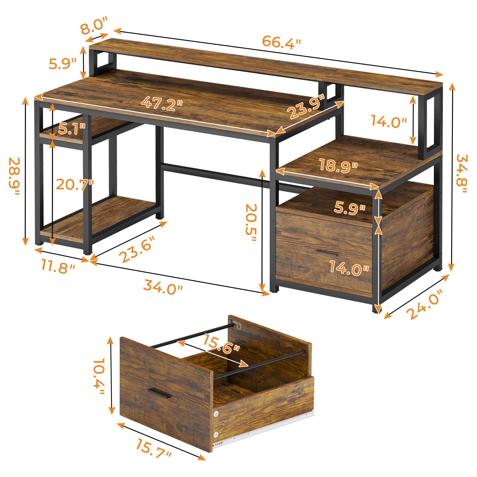 Sedeta Home Office Desk with File Drawer, 66'' Large Computer Desk with