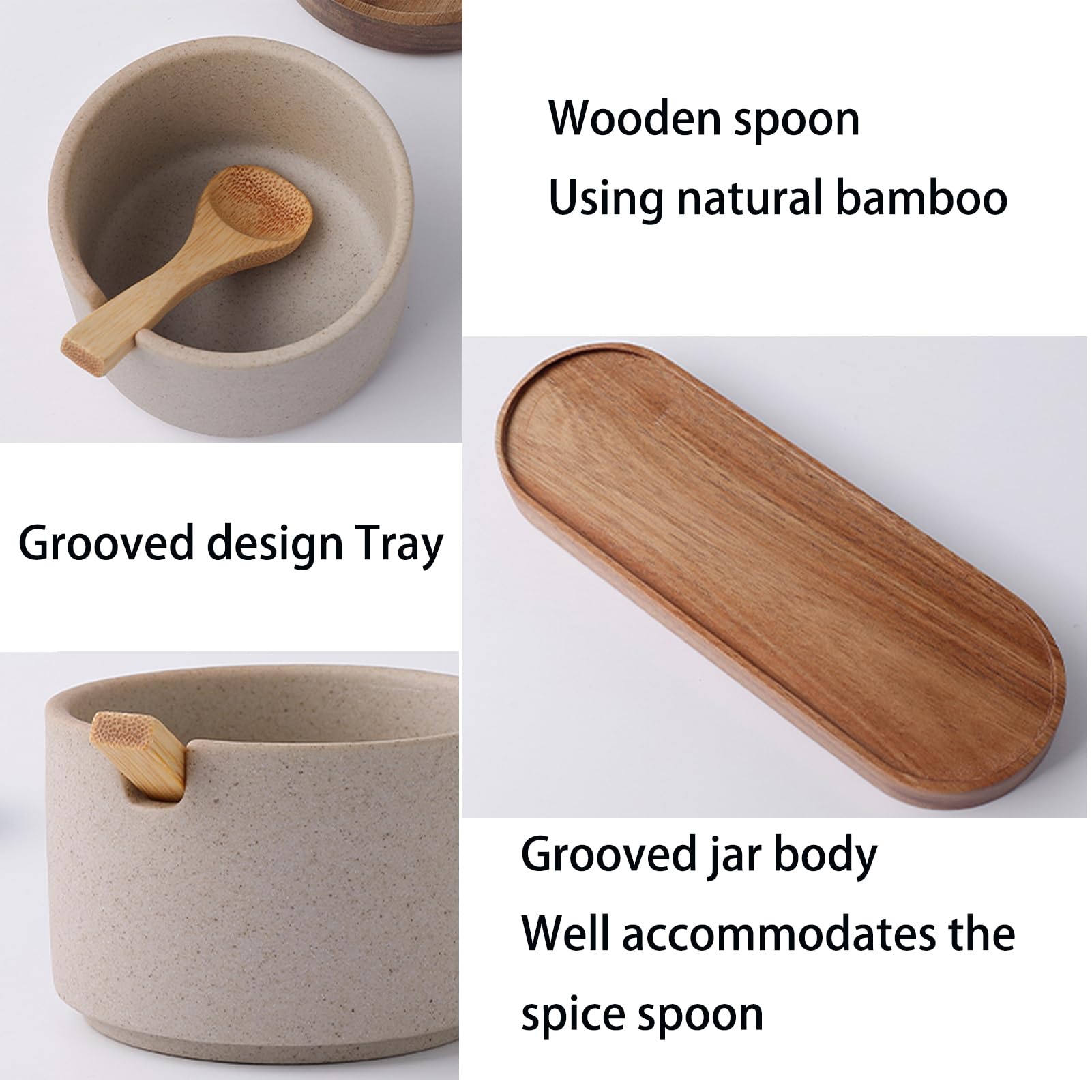 Dxcaicc Ensemble De Pots À Épices, Pot D'Organisateur D'Épices en Argile avec Plateau en Bois, Pot À Épices Japonais en Grès Vintage, Stockage D'Assaisonnement De Cuisine,Set of 2