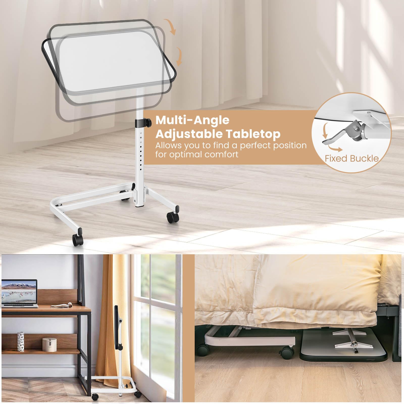 LIFEZEAL Table d'Appoint avec roulettes, Table de Lit Réglable en Hauteur, Bureau Assis Debout Rotative à 180°, Table pour Ordinateur Portable, 61 x 40,5 CM, Blanc
