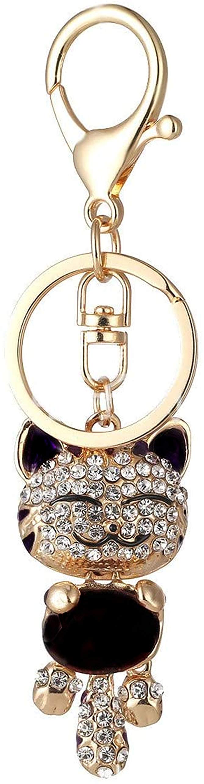 Cute Kitten Sparkling Keychain Bling Black Crystal Rhinestone Gold Key Chain for Women Girl