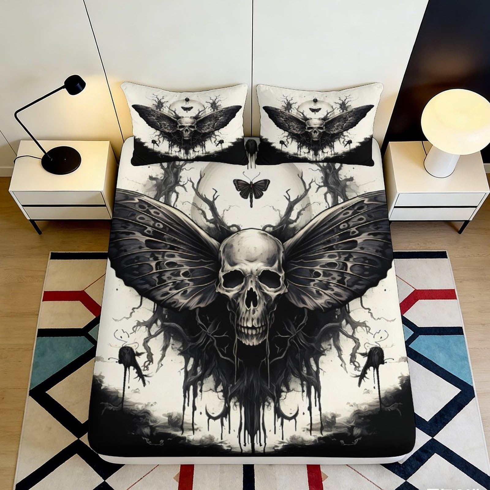 3D Printed Gothic Skull Fitted Sheet Microfiber Black Wing Mattress Cover for Bedroom Dorm Mattress Protection Decor 90x200x25cm