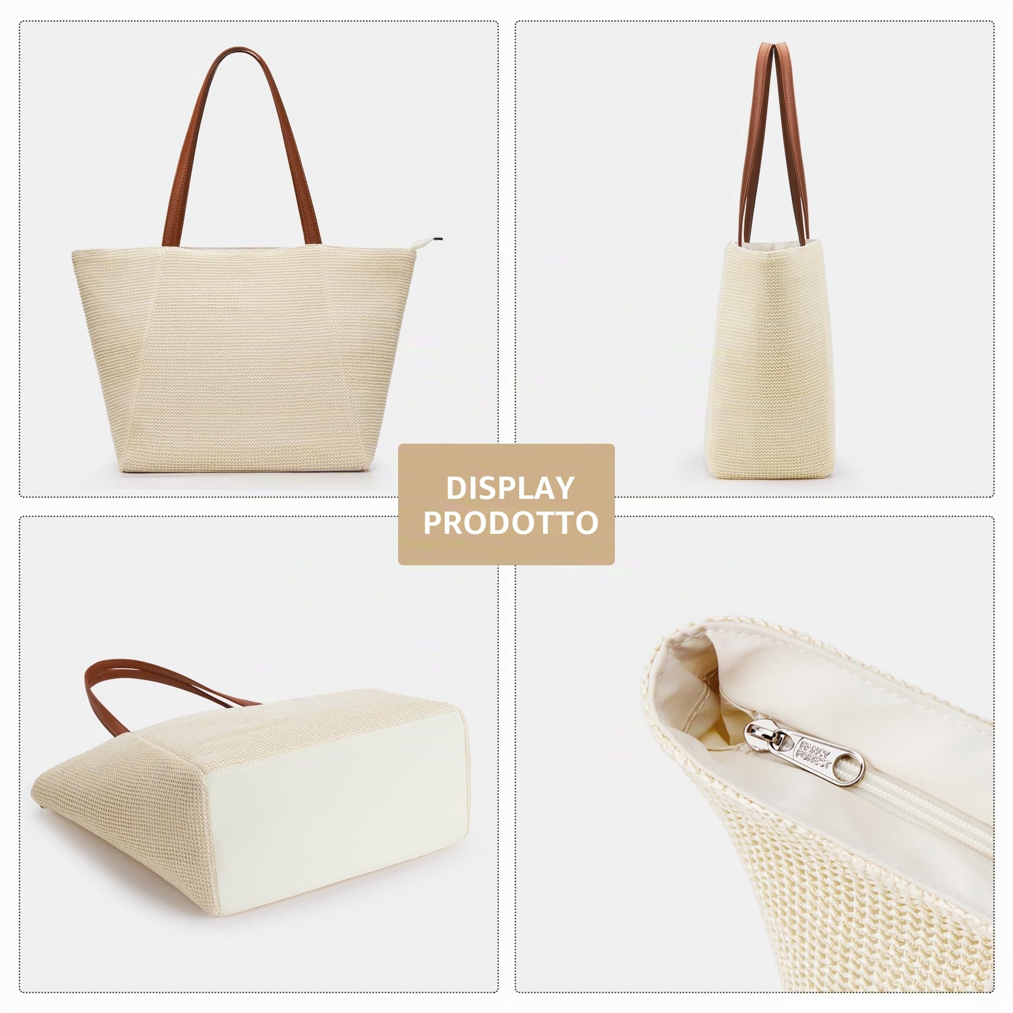 KALIDI - Grande borsa di paglia, borsa da spiaggia con cerniera, in plastica riciclata marina, design simile alla paglia, borsa tote per vacanze estive e uso quotidiano