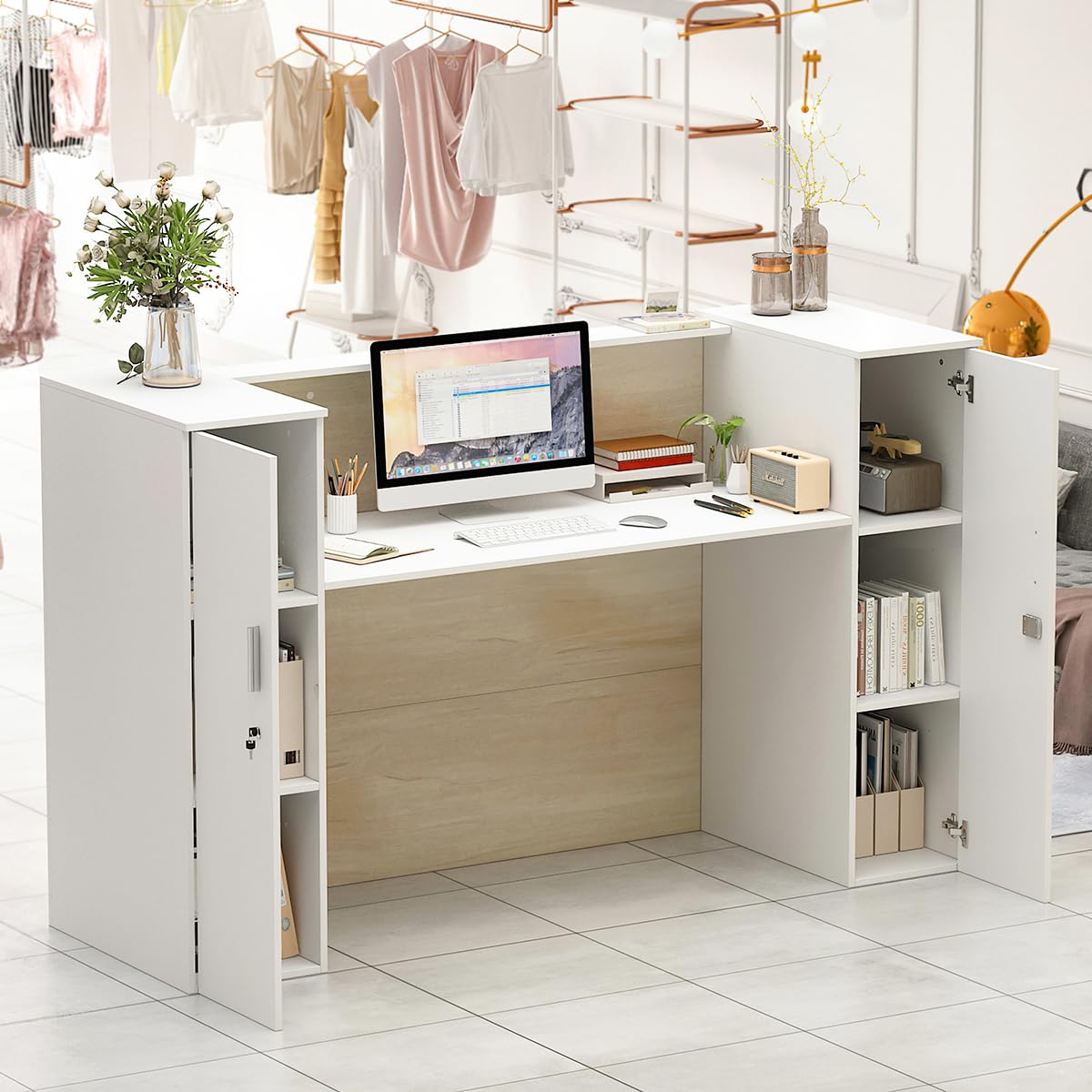 Banco reception, banconi per reception grandi, reception tavolo bancone con ripiani regolabili, banco reception ufficio bancone, colore legno e bianco, 180 X 60 X 110 cm, MDF