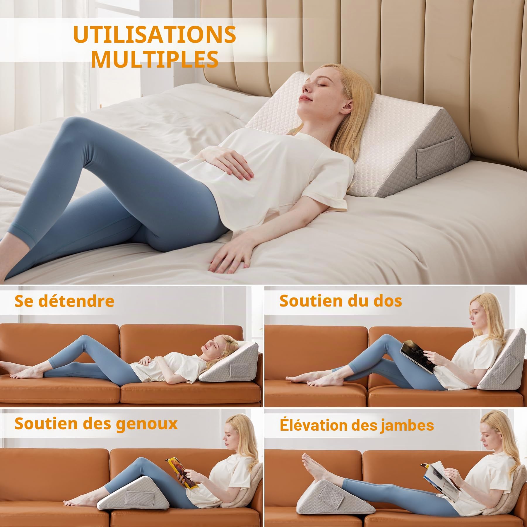 Ruqmuis Coussin cale pour genoux, coussin de genou de 20,3 cm pour dormir sur le dos, coussin de jambe, coussin triangulaire pour soutien du genou, coussin traversin pour jambes, récupération
