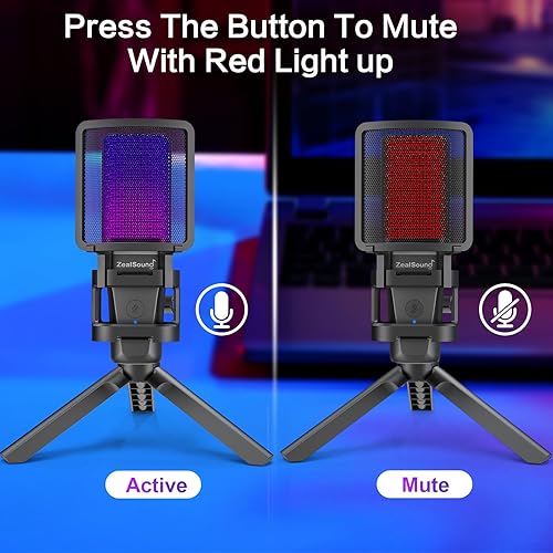 Miniatura 6 de ZealSound Micrófono USB para juegos para PC, micrófono de computadora de condensador RGB con soporte para trípode, silencio rápido, control de