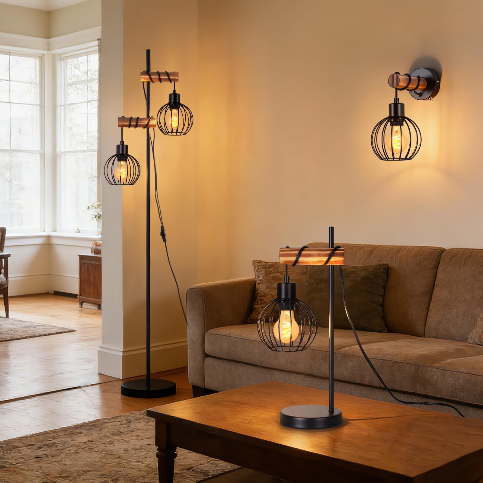 ZMH Lampada da terra nera, lampada da terra per soggiorno in legno - lampada da terra vintage a 2 fiamme in design industriale in metallo con interruttore, attacco E27 152 cm (senza lampadina)