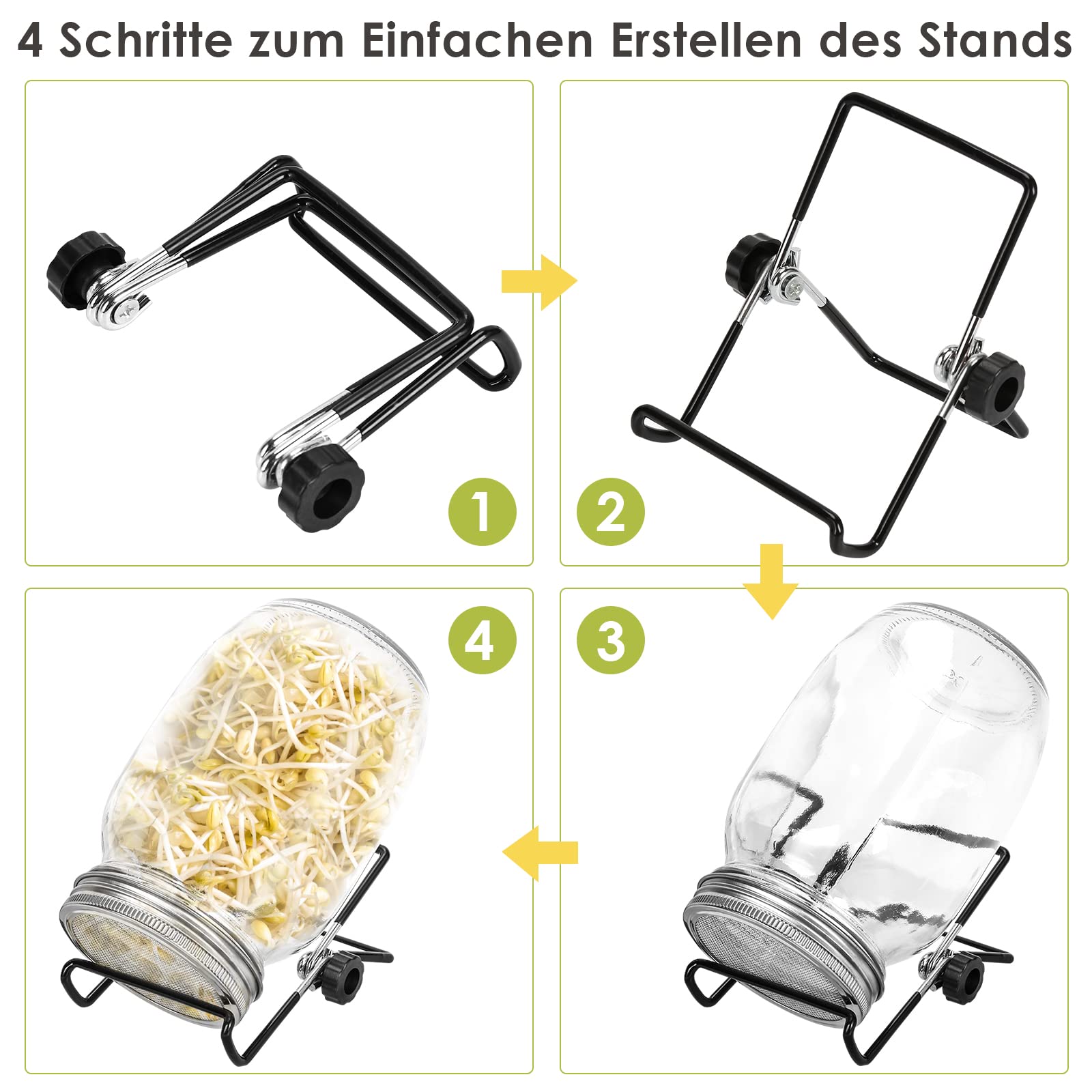 Sprossenglas Keimglas, 2er Set 950ML Sprossenglas mit Deckel & Sieb, Kapazität 2 Einstellbare Halterung 1 Tablett, Sprossen Keimgerät für Alfalfa Kresse Brokkoli Mungobohnen