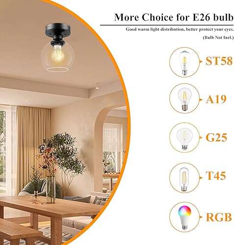 Miniatura 3 de Industrial Semi Flush Mount Ceiling Light, Vintage Hanging Ceiling Lamp, Clear Glass Pendant Lamp Shade, Farmhouse Light Fixture for Porch Hallway