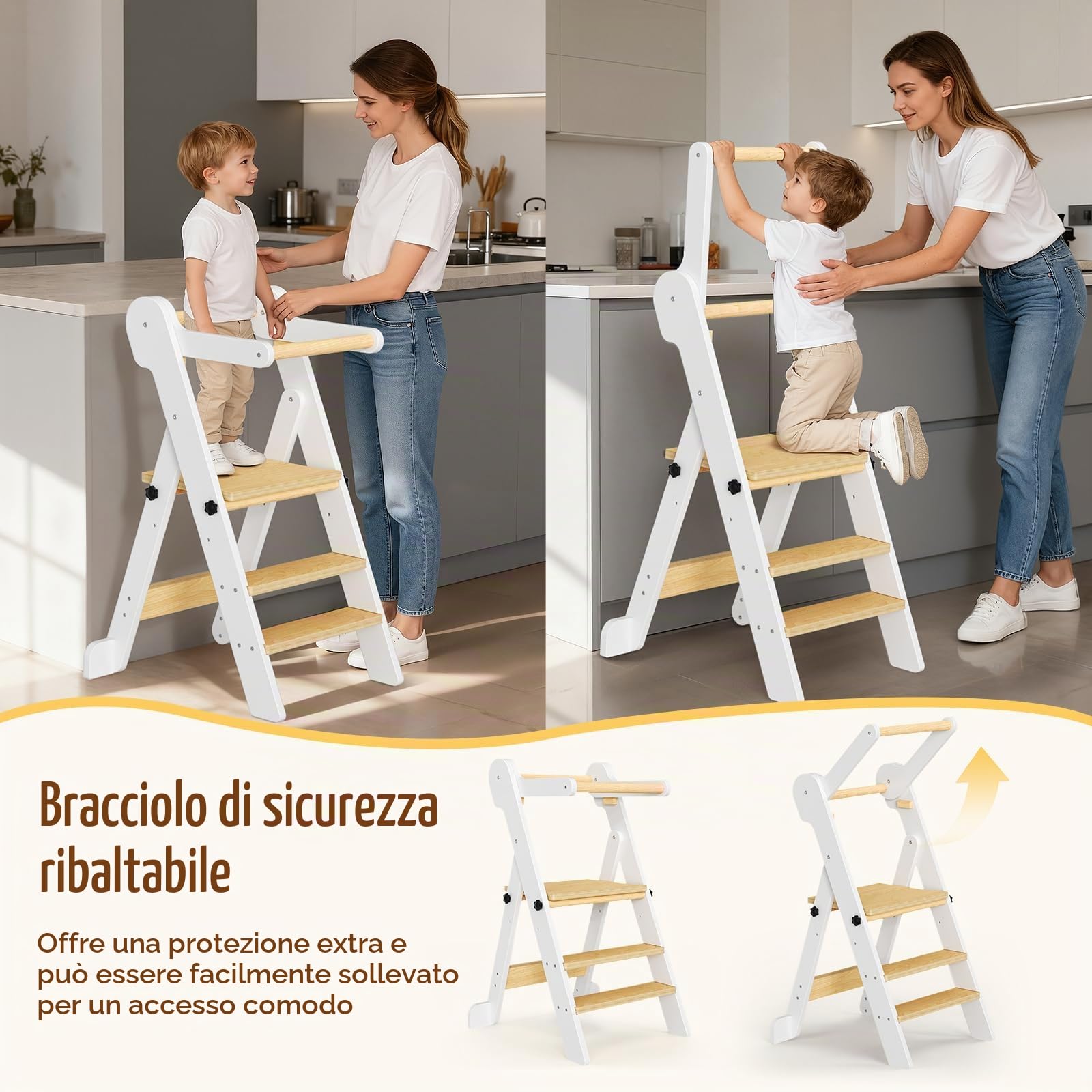 Torre di Apprendimento Pieghevole per Bambini con borsa a rete,2 Altezze Regolabili,Torre Montessoriana di Apprendimento da 1 a 6 Anni per Bambini Montessori Learning