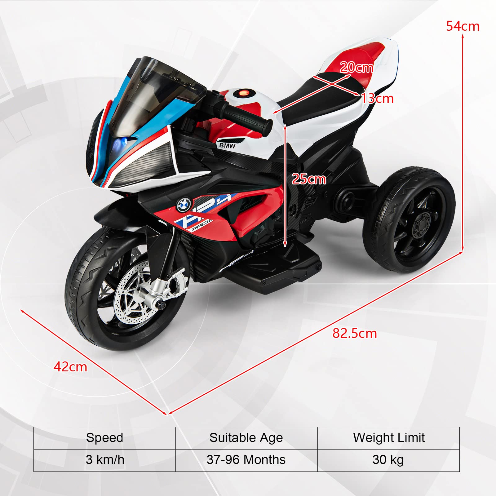 RELAX4LIFE 6V BMWMoto Elettrica per Bambini a 3 Ruote con Pedale Acceleratore,con Sedile Comodo e Porta USB/AUX, Moto Elettrica, Velocità 3 KM/H, Carico Massimo 30 KG, per Bambini 3-8 Anni (Rosso)