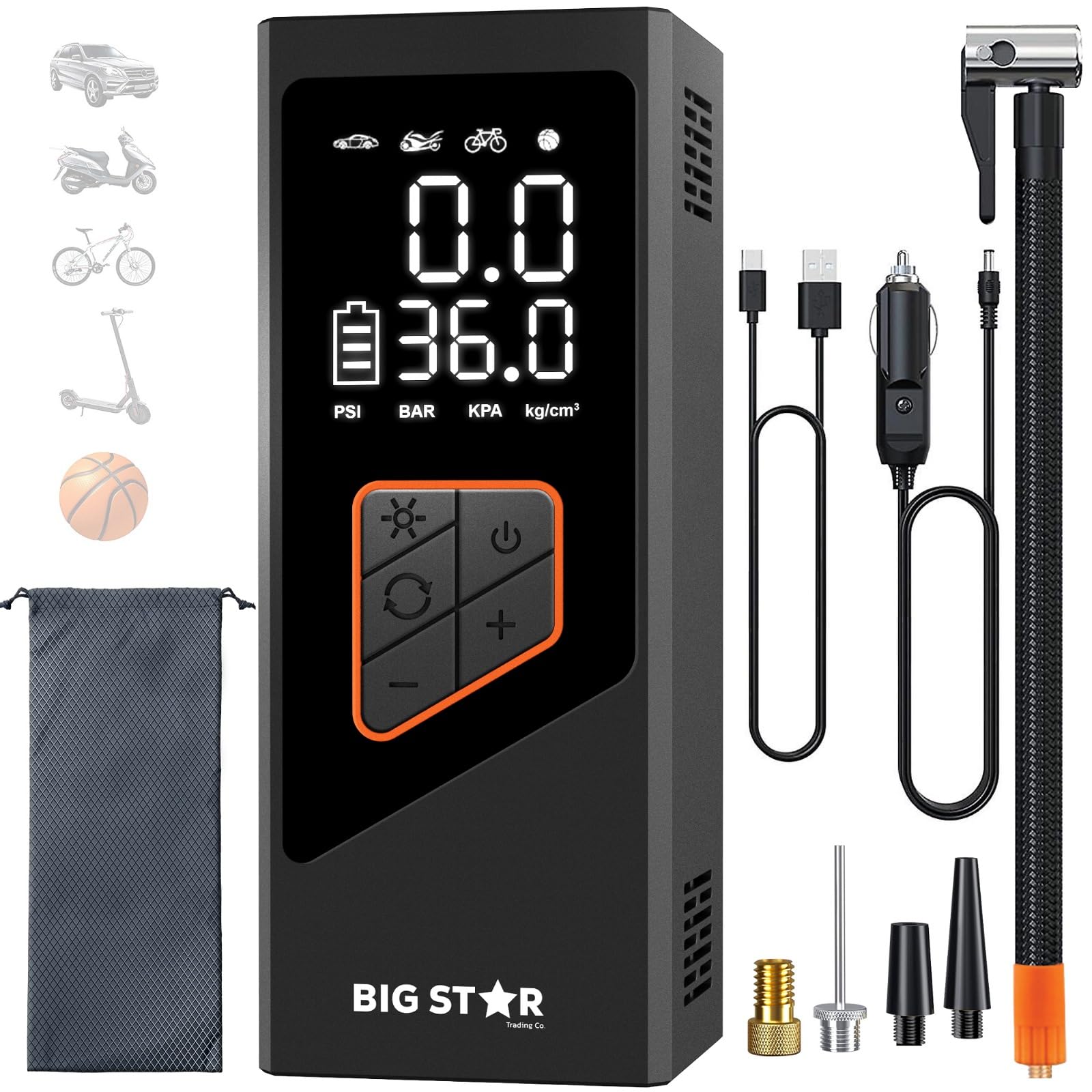 Big Star Portable Tire Inflator Air Compressor - Air Pump for Car Tires 150 PSI & 25000 mAh Tire Pump with Flashlight,Tire Inflator with Pressure Gauge -3X Faster Inflation for Motorcycles,Bikes,Balls