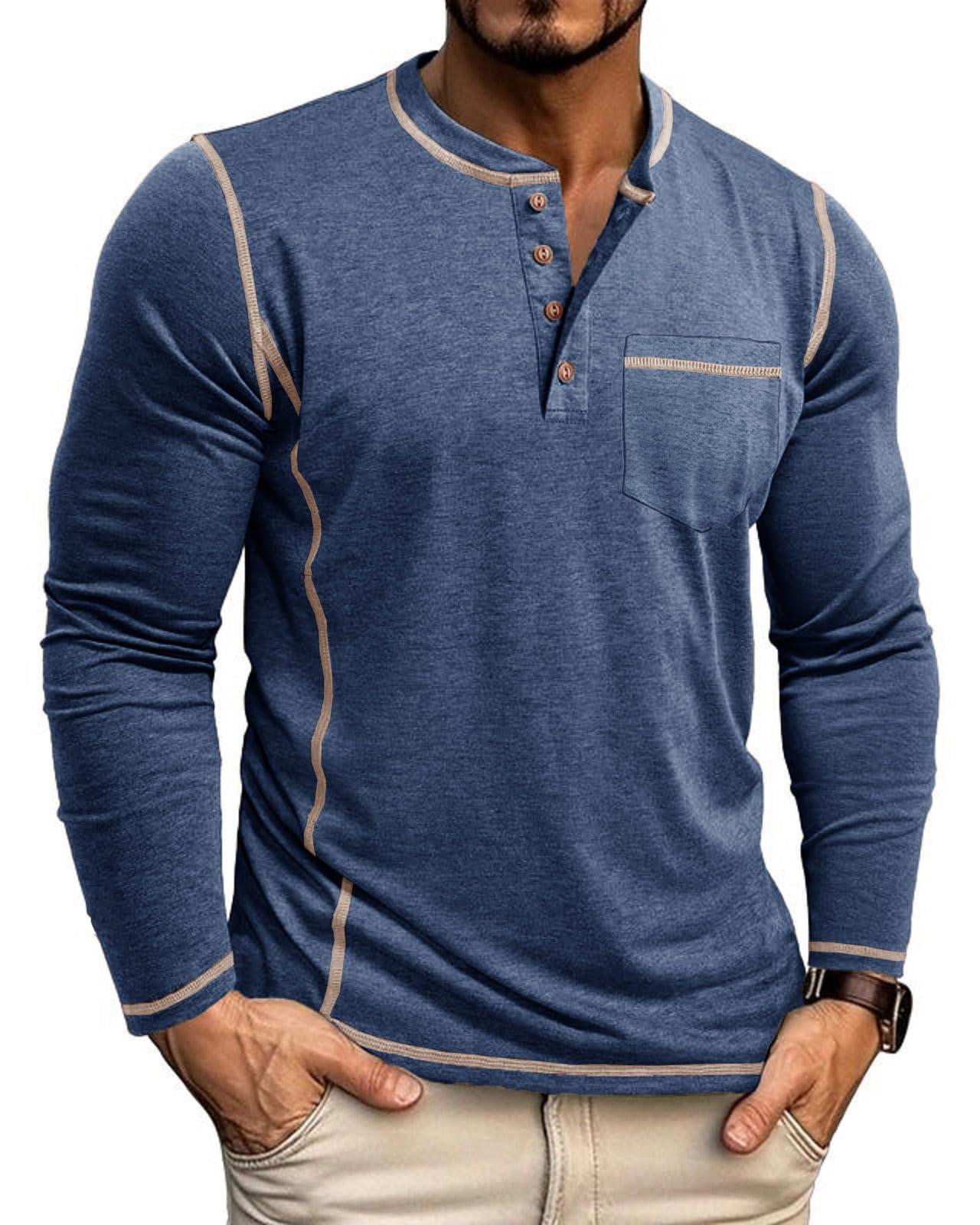 Camiseta de manga larga para hombre, con cuello tunecino en V Henley con bolsillo Polo y botones ligeros, M-3XL