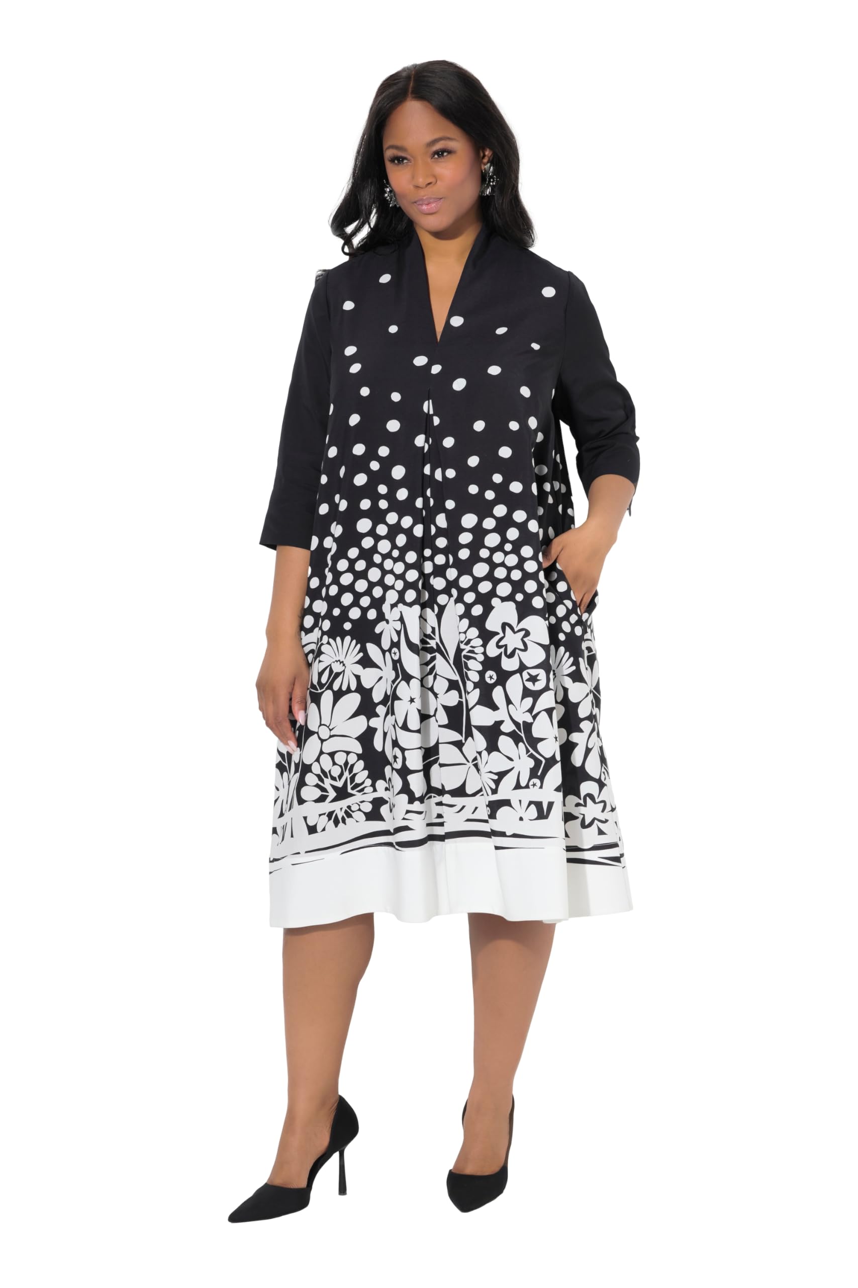 Ulla Popken Damen große Größen Übergrößen Plus Size Midikleid, Lyocell, A-Linie, Kelchkragen, 3/4-Arm 842652