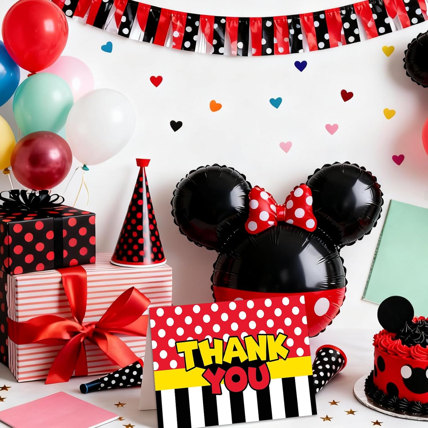 JarThenaAMCS 24 Pack Cartoon Mouse Thank You Cards Blank Greeting Cards With Envelopes Stickers Red Yellow Black Dot Stripe Note Card for Birthday Baby Shower Supplies - Image 4