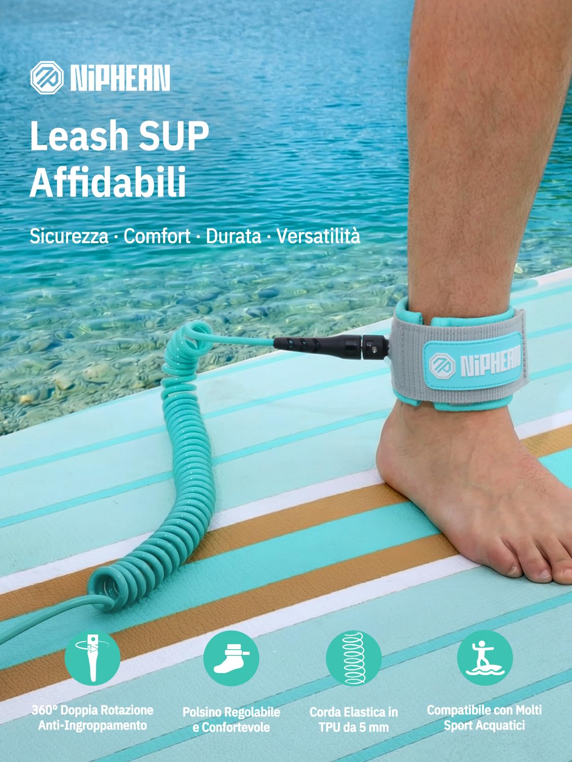 Niphean Leash SUP 1–3m, Leash Surf Elastico Spiralato da 5mm, Laccio Sicurezza SUP Resistente a Spirale con Connettore, Anti-groviglio, Confortevole e Regolabile per SUP, Surf, Bodyboard, Boogie Board