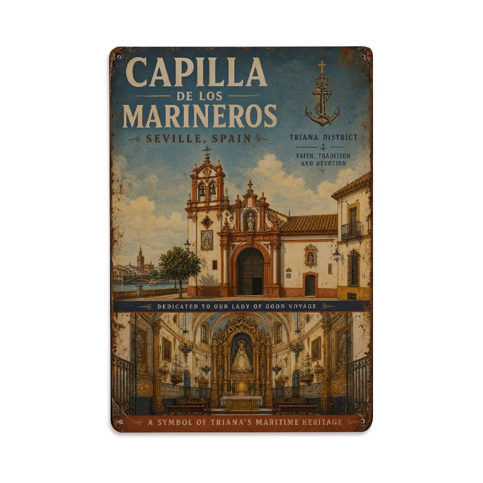 Vintage Travel Capilla Marineros Seville Chapel Triana Metal Tin Sign