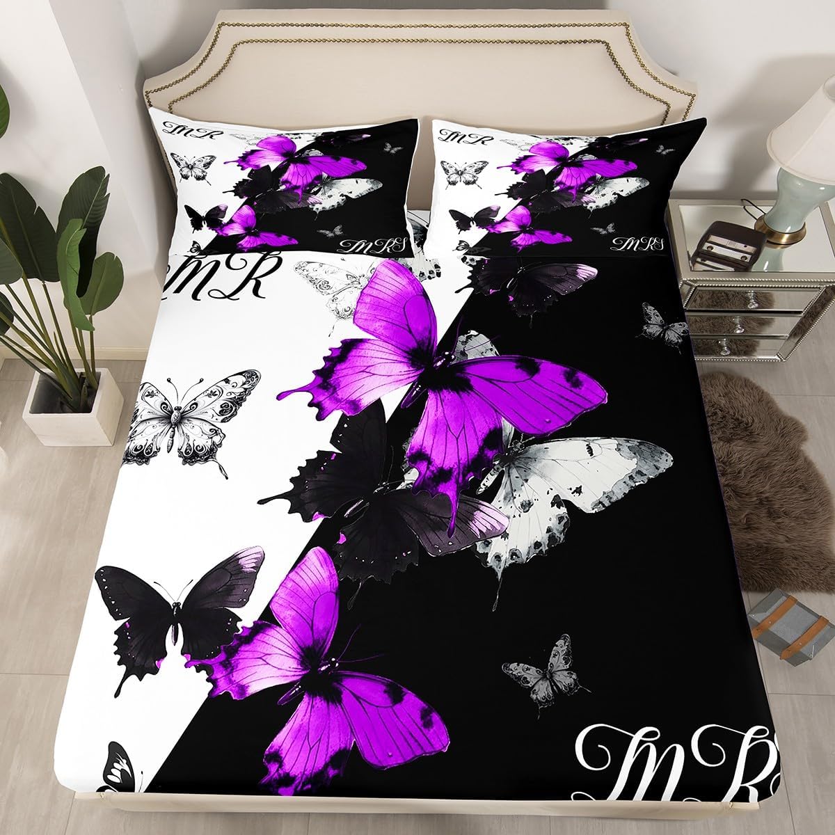 Erosebridal King and Queen Crown Fitted Sheet Black Red Mr Mrs Full Bedding Set for Adults Men Women,His and Hers Couple Bed Sheets Valentine's Day Wedding Gifts Fitted Bed Sheets Bedroom Decor