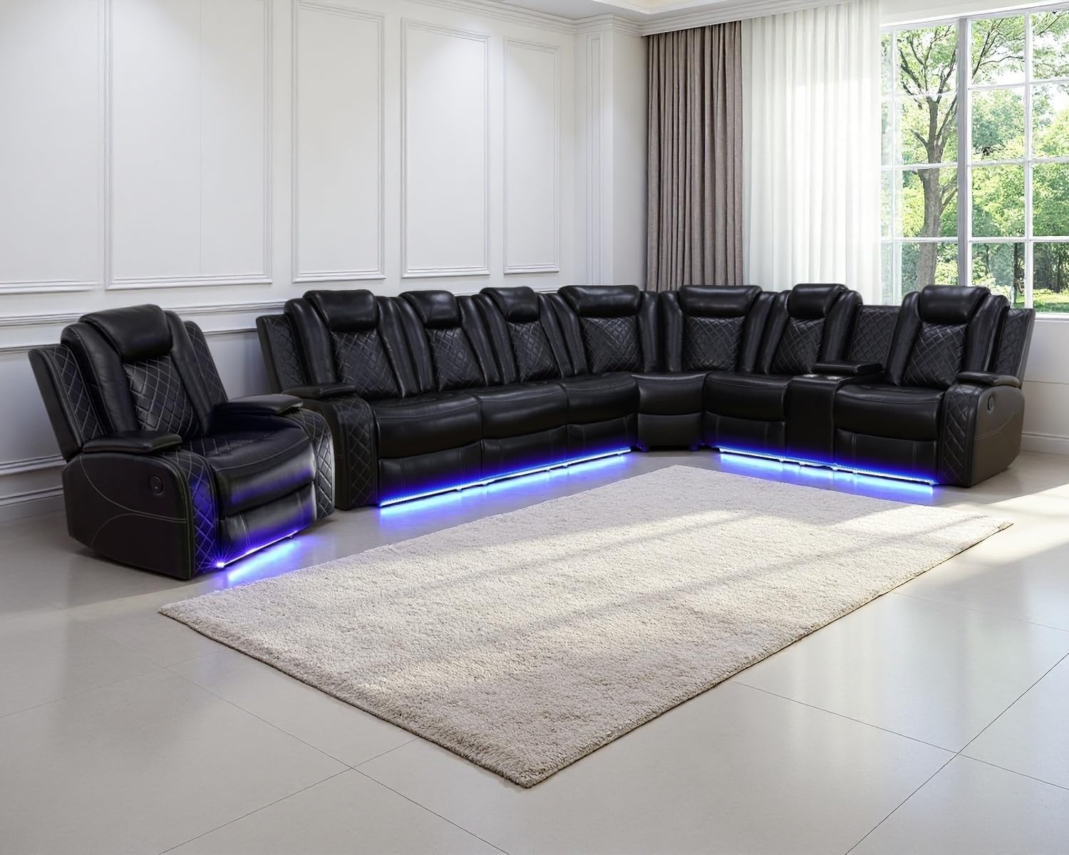 Power Recliner Sectional Sofa,Leather Reclining Sectional Couch L Shape Sofa and Single Chair with Coffee Table,Cup Holder,Storage Console for Living Room/Home Theater, Black