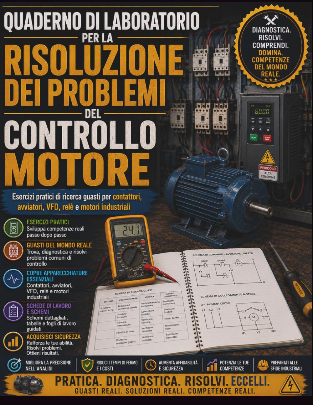 Quaderno di laboratorio per la risoluzione dei problemi del controllo motore: Esercizi pratici di ricerca guasti per contattori, avviatori, VFD, relè e motori industriali