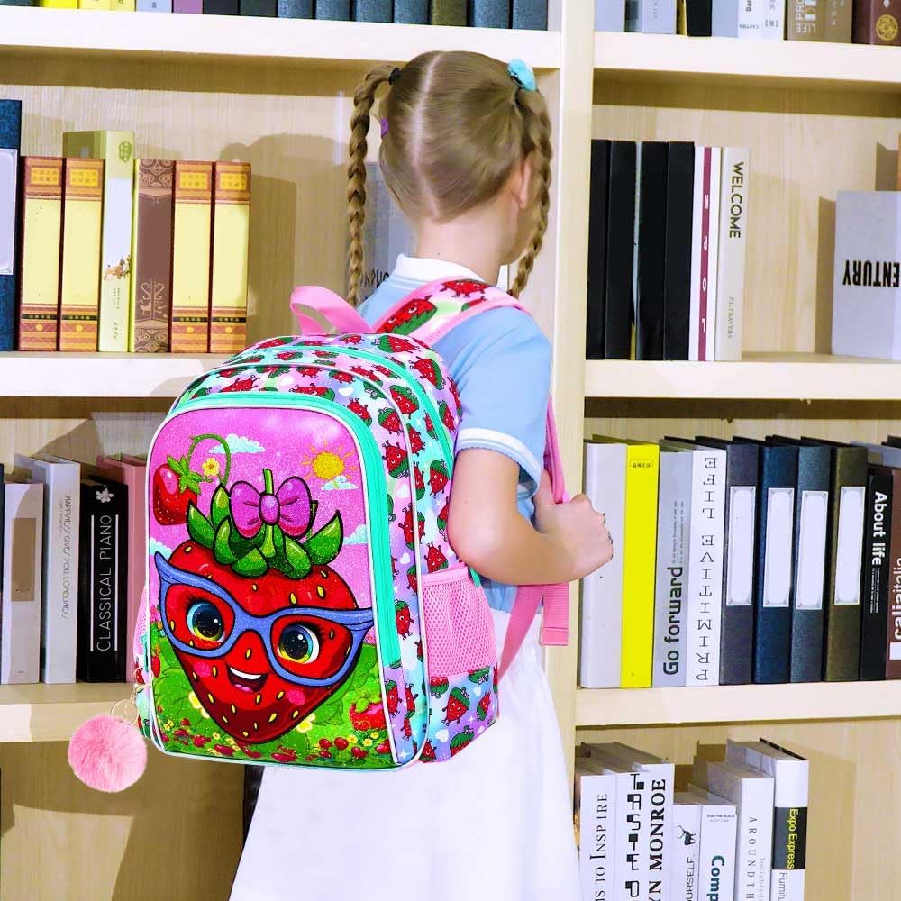 KLFVB 3PCS Strawberry Backpack for Girls, Water Resistant Kids Bookbag with Lunch Box, 16" Preschool Backpacks for Elementary - Strawberry Pink - Image 2