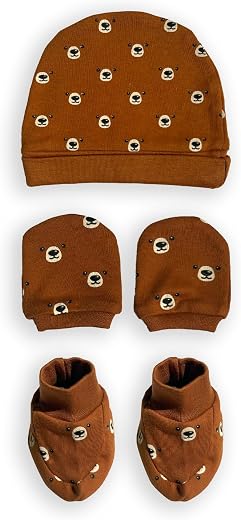 The Mom Store Baby Caps, Mittens and Booties Combo Set | Free Size | Newborn Babies | Cotton | Unisex | 0-3M